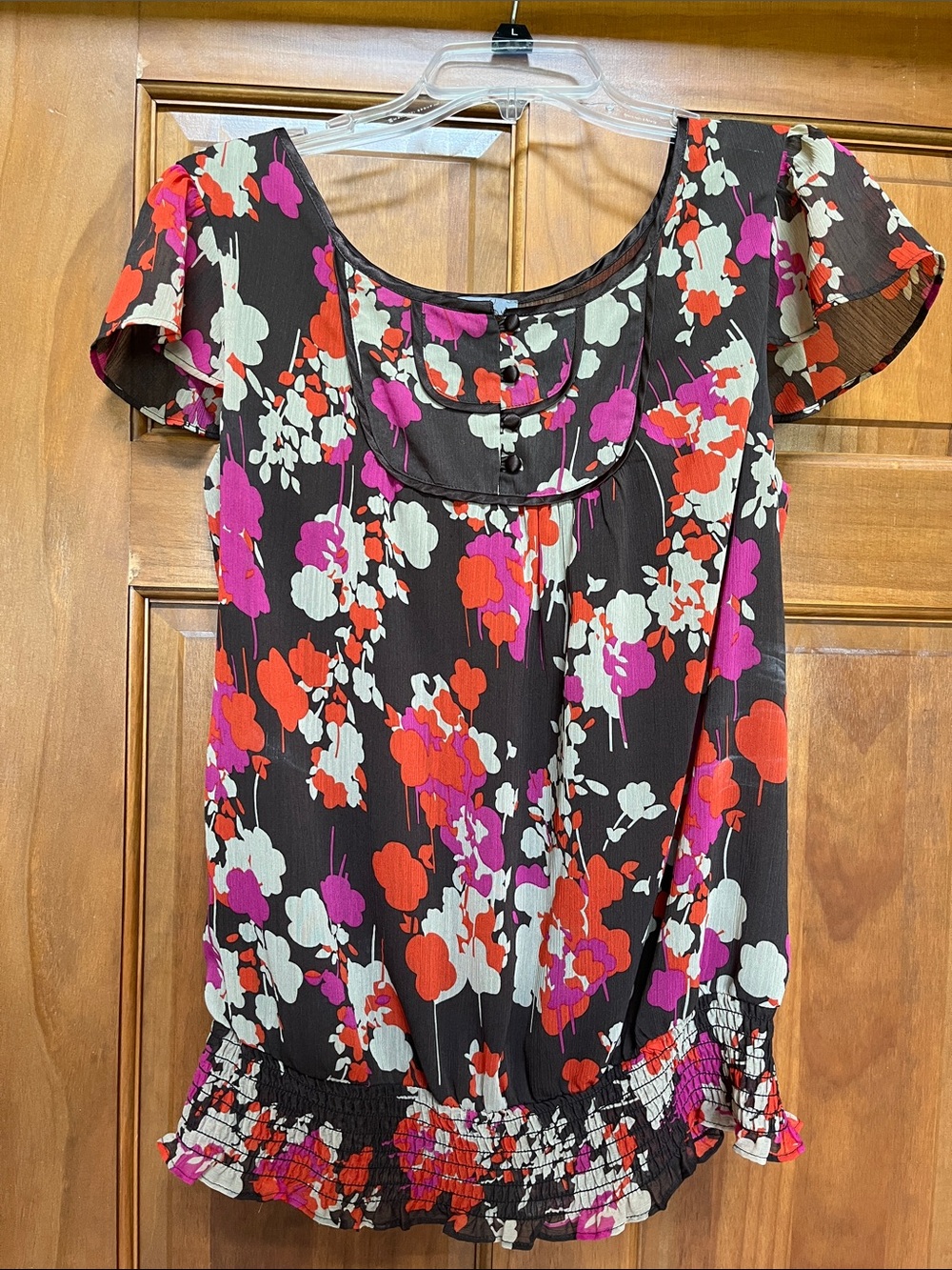 Apt. 9 Black Floral Scoop Neck Blouse with Pink & Red Accents
